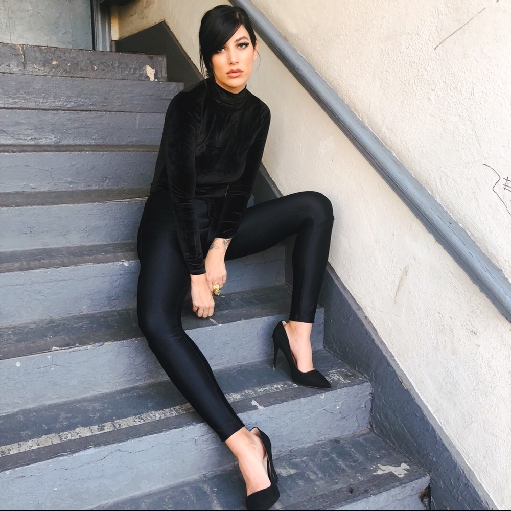 Black Velvet Bodysuit - Mod Audrey Turtleneck Top - Picture 4 of 6